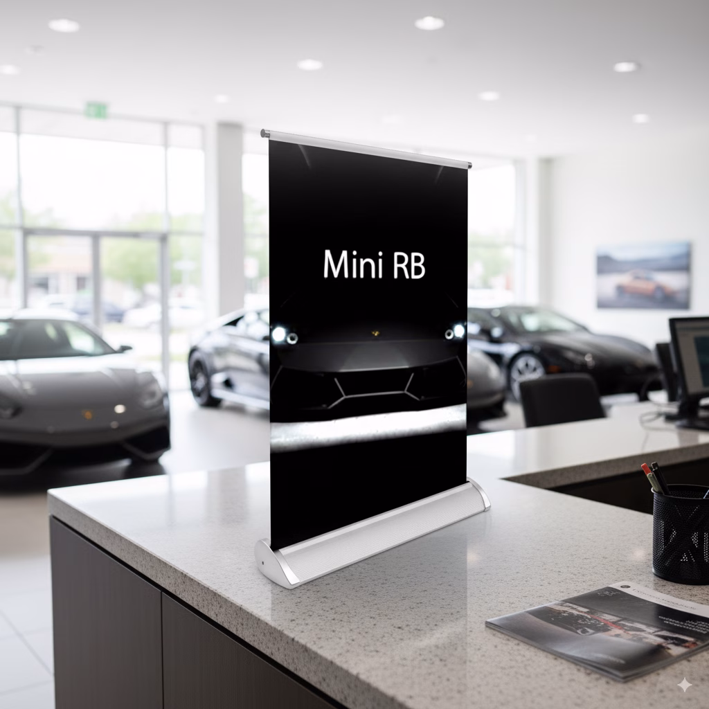 mini retractable banner stand in dealership | Hi 5 Canada mini retractable banner stand in dealership